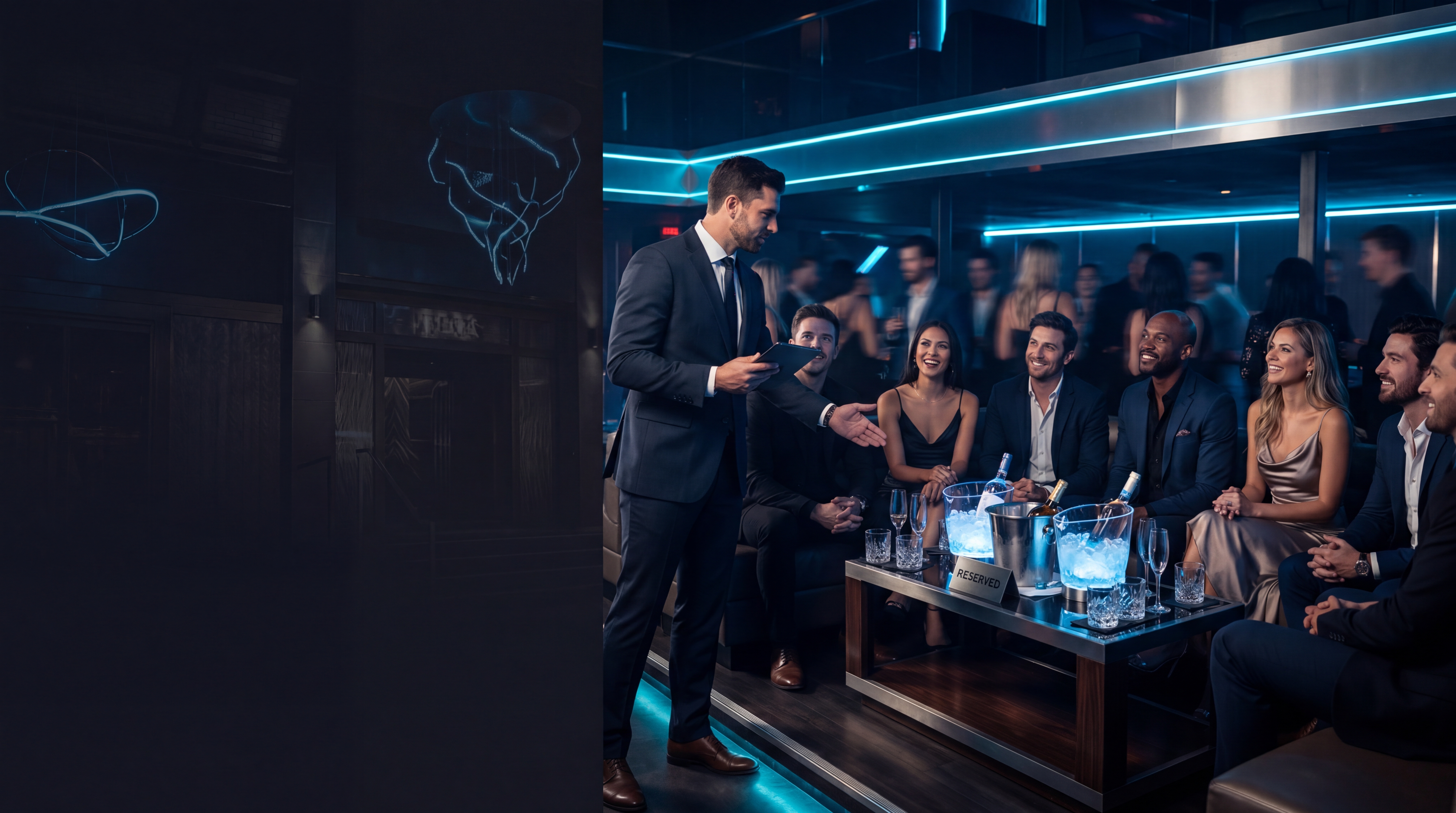 Luxury nightclub interior with electric blue and cyan lighting, VIP tables and immersive atmosphere.