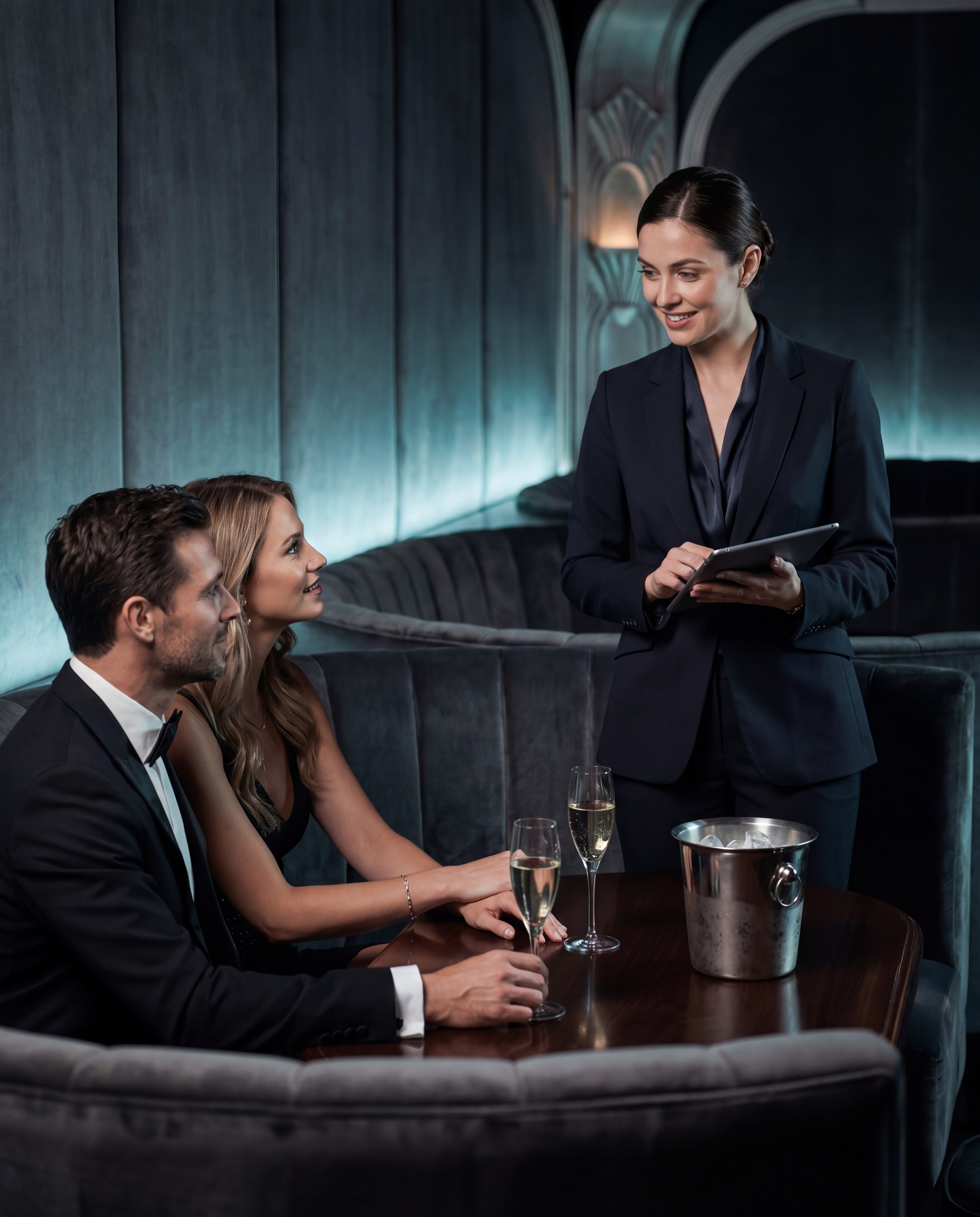 A premium concierge assisting guests at a velvet VIP booth in an upscale nightclub.